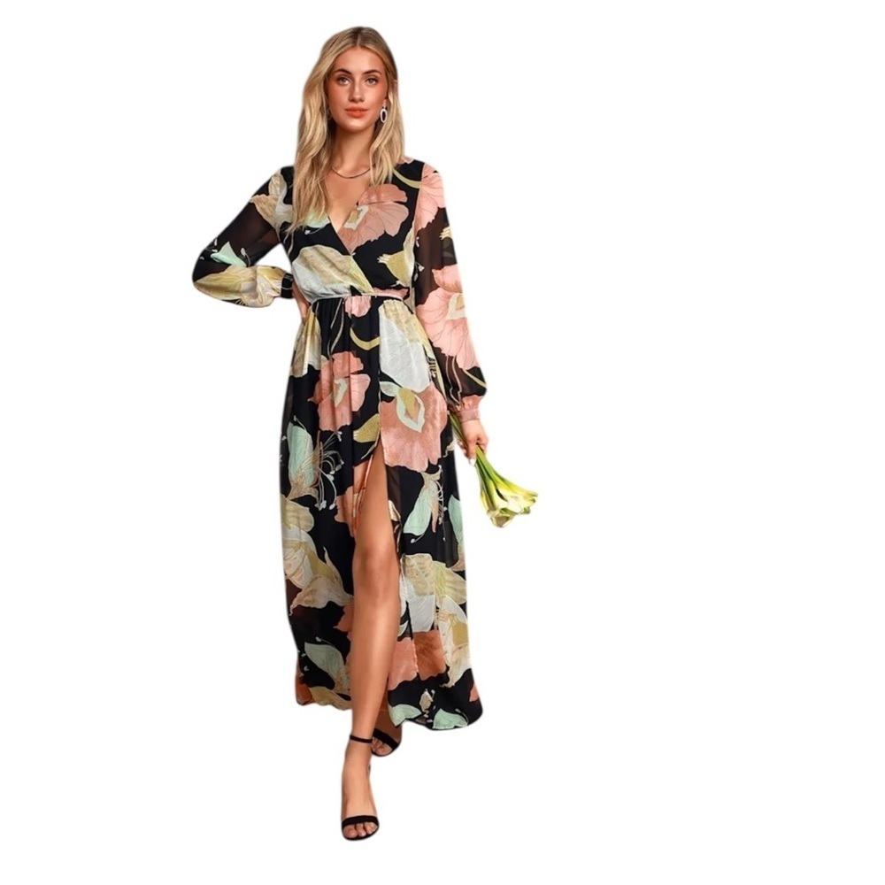 Lulu's - NWT Wondrous Water Lilies Black Floral Print Maxi Dress Sz M